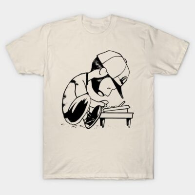 Beige t-shirt with cartoon character playing piano, casual style, cotton material, unisex design.