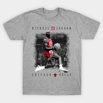 Gray sports t-shirt with vintage basketball player print, red and black accents, ideal for casual wear.
