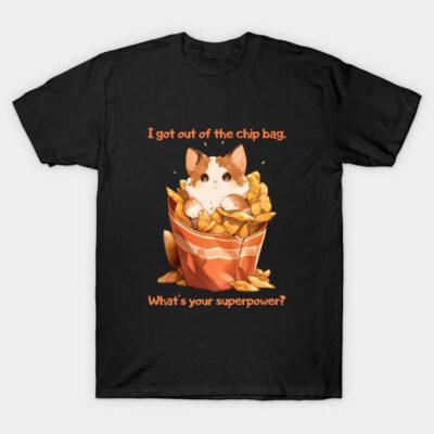 Black T-shirt featuring cute cat in chip bag design with humorous text, perfect for casual wear and cat lovers.