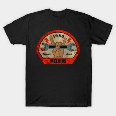 Black t-shirt with vintage rock graphic design, featuring wrench and hand symbol, classic Melvins 1983 style.