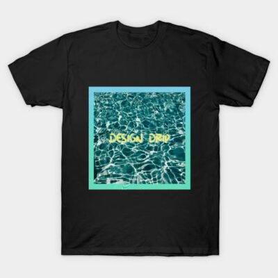 Black t-shirt with "Design Drip" text and a turquoise water pattern graphic, casual style cotton material.