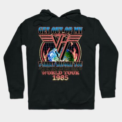 Black hoodie with retro world tour graphic, vibrant colors, and bold text design, perfect for music fans.