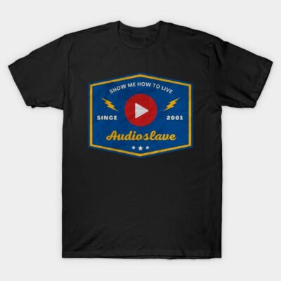 Black graphic tee with colorful retro design, featuring lightning bolts and text elements, casual cotton material.