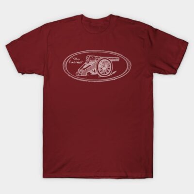 Maroon t-shirt with vintage cannon graphic, casual style, cotton material, suitable for everyday wear.