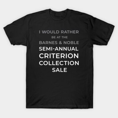 Black T-shirt with "Barnes & Noble Criterion Collection Sale" text, casual style, cotton material.