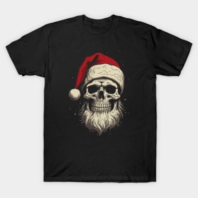 Black T-shirt with a skull wearing a Santa hat, featuring a festive and edgy design, perfect for holiday wear.