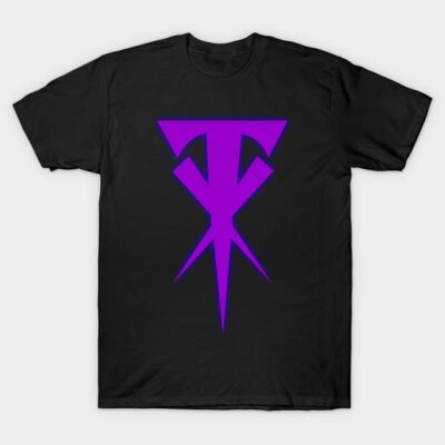 Black T-shirt with bold purple geometric design, casual style, made from soft cotton, perfect for everyday wear.