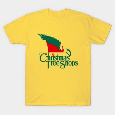 Yellow Christmas Tree Shops T-shirt, festive graphic design, short-sleeve, casual wear, cotton blend material.