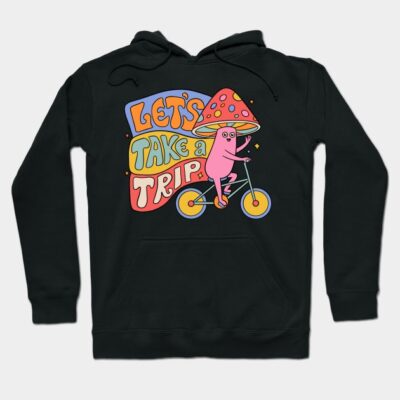 Black hoodie with colorful "Let's Take a Trip" graphic featuring a whimsical character on a bicycle. Casual wear.