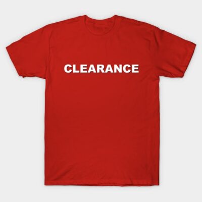 Red cotton T-shirt with "CLEARANCE" text, casual style for everyday wear.