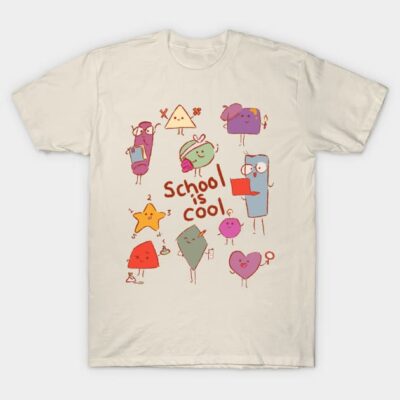Cream T-shirt with colorful cartoon school-themed design, featuring geometric shapes and "School is Cool" text.