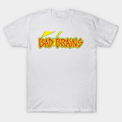 White cotton T-shirt with "Bad Brains" graphic in red and yellow, casual wear, unisex style, comfortable fit.