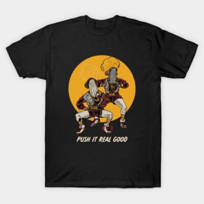 Black cotton t-shirt with retro graphic design and "Push It Real Good" text, ideal for casual wear or gifts.