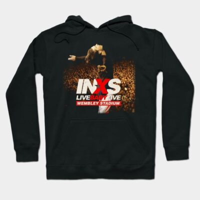 Black hoodie with INXS Live Baby Live Wembley Stadium graphic, casual style, cotton material, unisex design.