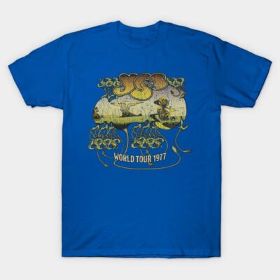 Blue vintage graphic t-shirt featuring "World Tour 1977" design, perfect for casual wear and fans of retro style.