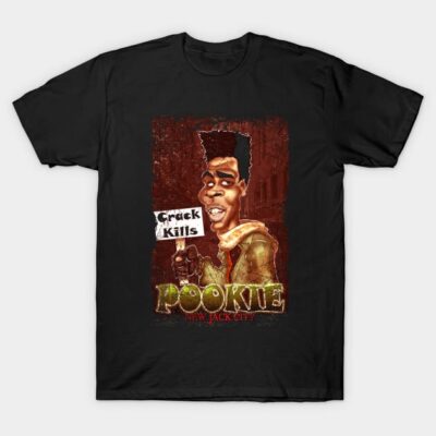 Black graphic t-shirt with cartoon design, featuring bold text and colorful artwork, casual wear.