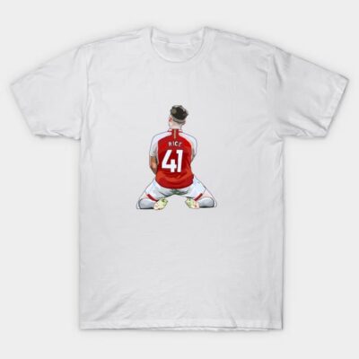 White T-shirt featuring red and white sports jersey graphic with number 41, ideal for casual wear and sports fans.