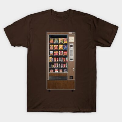 Brown t-shirt with vintage vending machine print, casual style, soft cotton material, ideal for everyday wear.