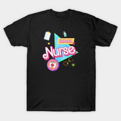 Black "School Nurse" T-shirt with colorful graphic design, casual wear, cotton material, ideal for medical professionals.