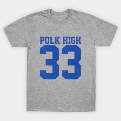 Gray t-shirt with blue "Polk High 33" print, casual style, ideal for sports fans, cotton material.
