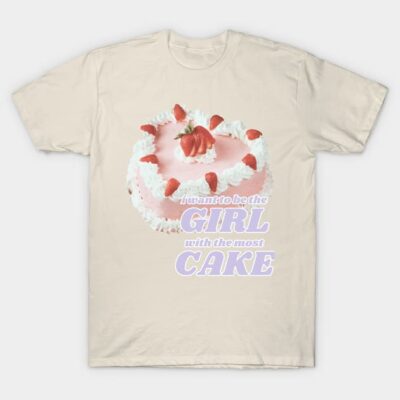 Beige t-shirt with pink cake and strawberry design, featuring playful text, perfect for casual wear.