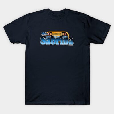 Navy blue t-shirt with bold school bus graphic and personalized text, perfect for casual wear or gifting.