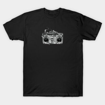 Black T-shirt with vintage boombox graphic, casual cotton style, perfect for music lovers and everyday wear.