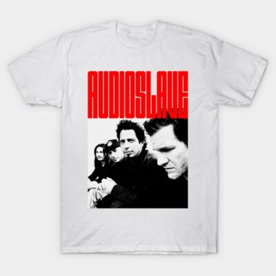 White Audioslave band t-shirt, bold red logo, black and white photo, casual cotton tee, perfect for music fans.