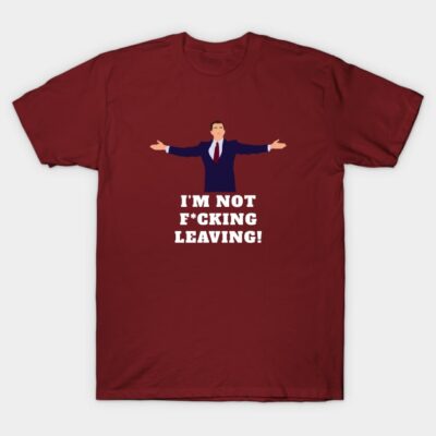 Maroon graphic tee with bold white text and illustrated suit design, casual unisex style, 100% cotton.