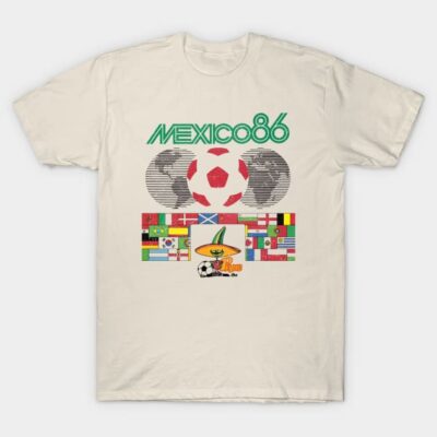 Cream Mexico 86 retro t-shirt featuring colorful flags and soccer graphics, perfect for sports enthusiasts.