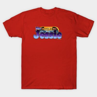 Red cotton t-shirt with colorful school bus graphic and 'Jessie' text, casual style for everyday wear.