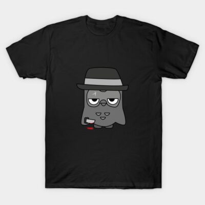 Black t-shirt with cartoon ghost in a fedora, holding a cup. Casual style, soft cotton fabric, ideal for everyday wear.