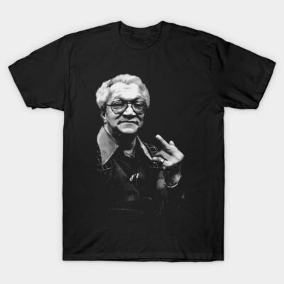 Black graphic T-shirt featuring vintage monochrome design, casual style, ideal for everyday wear. Cotton material.