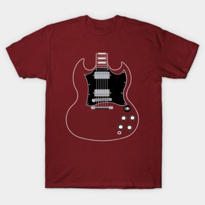 Burgundy t-shirt featuring electric guitar graphic, casual style, cotton material, perfect for music lovers.