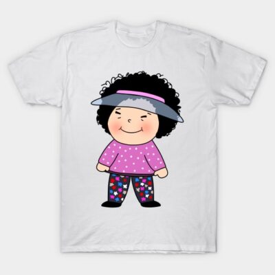 White t-shirt with cute cartoon character, pink polka dot top, colorful star-patterned pants, fun casual wear.