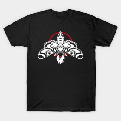 Black t-shirt with white moth graphic and red circle design, casual style, cotton material, unisex fit.