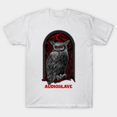 White t-shirt with owl graphic and "Audioslave" text, featuring a bold red and black design, perfect for casual wear.