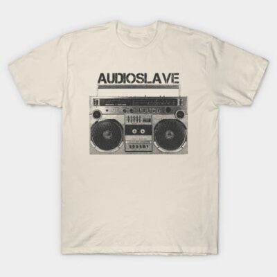 Beige t-shirt with retro boombox graphic and "Audioslave" text, perfect for music lovers. 100% cotton casual wear.