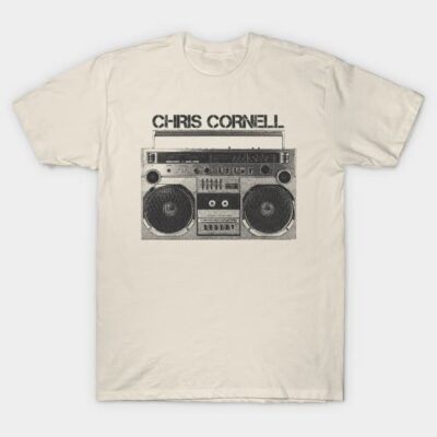 Vintage-style beige t-shirt with black boombox graphic, 100% cotton, casual wear.