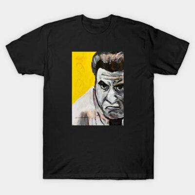 Black graphic t-shirt with abstract portrait design on yellow background, casual style, cotton fabric.