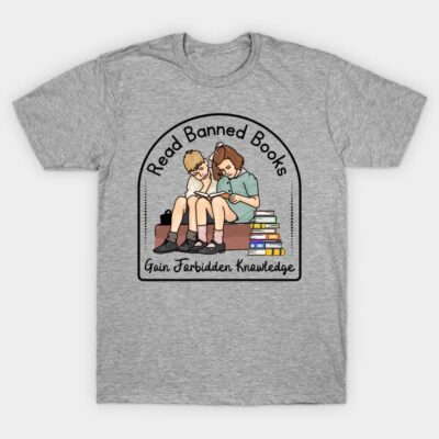 Gray t-shirt with "Read Banned Books" design, featuring two kids reading, promoting literacy and freedom of knowledge.