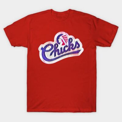 Red cotton t-shirt with vintage "Chicks" graphic design, casual wear, unisex style, perfect for everyday use.