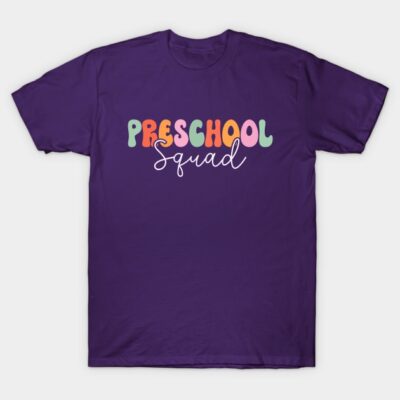Purple "Preschool Squad" T-shirt, colorful text design, casual style, perfect for school events or everyday wear.
