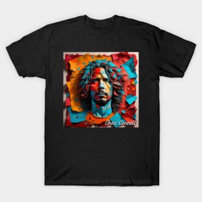 Black cotton T-shirt featuring colorful abstract art design, vibrant graphic style, casual wear.