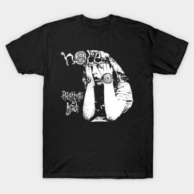Black graphic t-shirt with abstract design and text, casual style, 100% cotton, unisex, ideal for everyday wear.