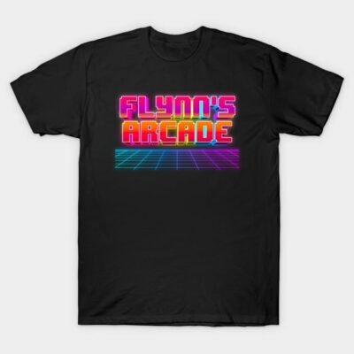 Black retro arcade graphic t-shirt with neon text design, casual style, soft cotton, ideal for gaming enthusiasts.