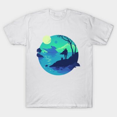 White T-shirt with a vibrant blue and green nature scene print, perfect for casual wear and outdoor enthusiasts.