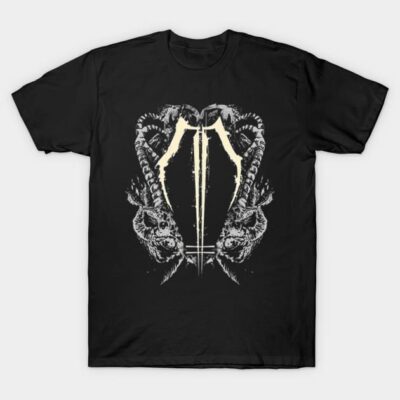 Black t-shirt with intricate abstract skull design, cotton material, casual unisex style, perfect for everyday wear.