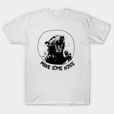 White graphic t-shirt with "Make Some Noise" slogan and animal print, casual style, cotton material.
