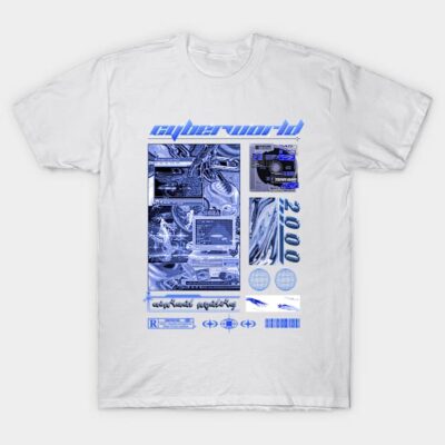 White T-shirt with blue cyber-themed graphic design, unisex casual wear, 100% cotton, ideal for tech enthusiasts.